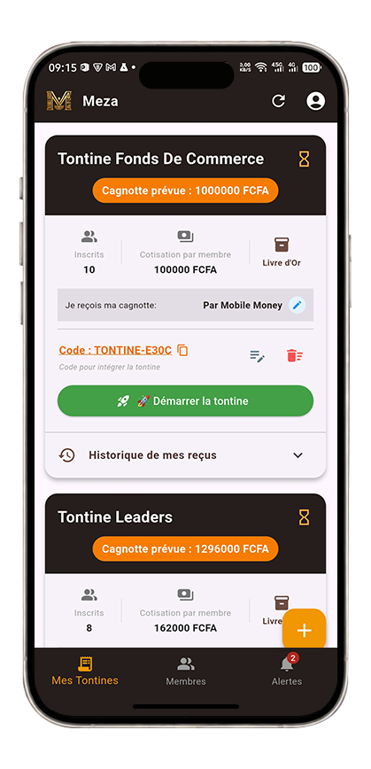 App MEZA - Screen splash mes tontine